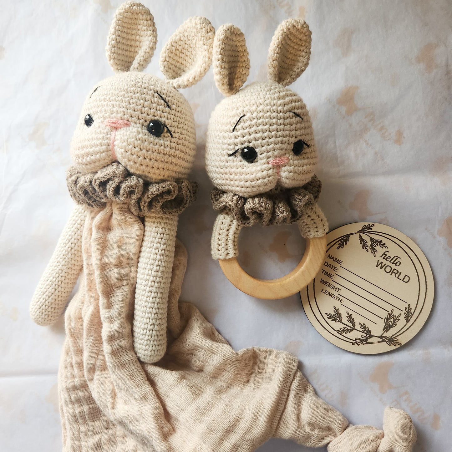 Crochet Bunny Muslin Sleeping Companion and Rattle - Mini Me