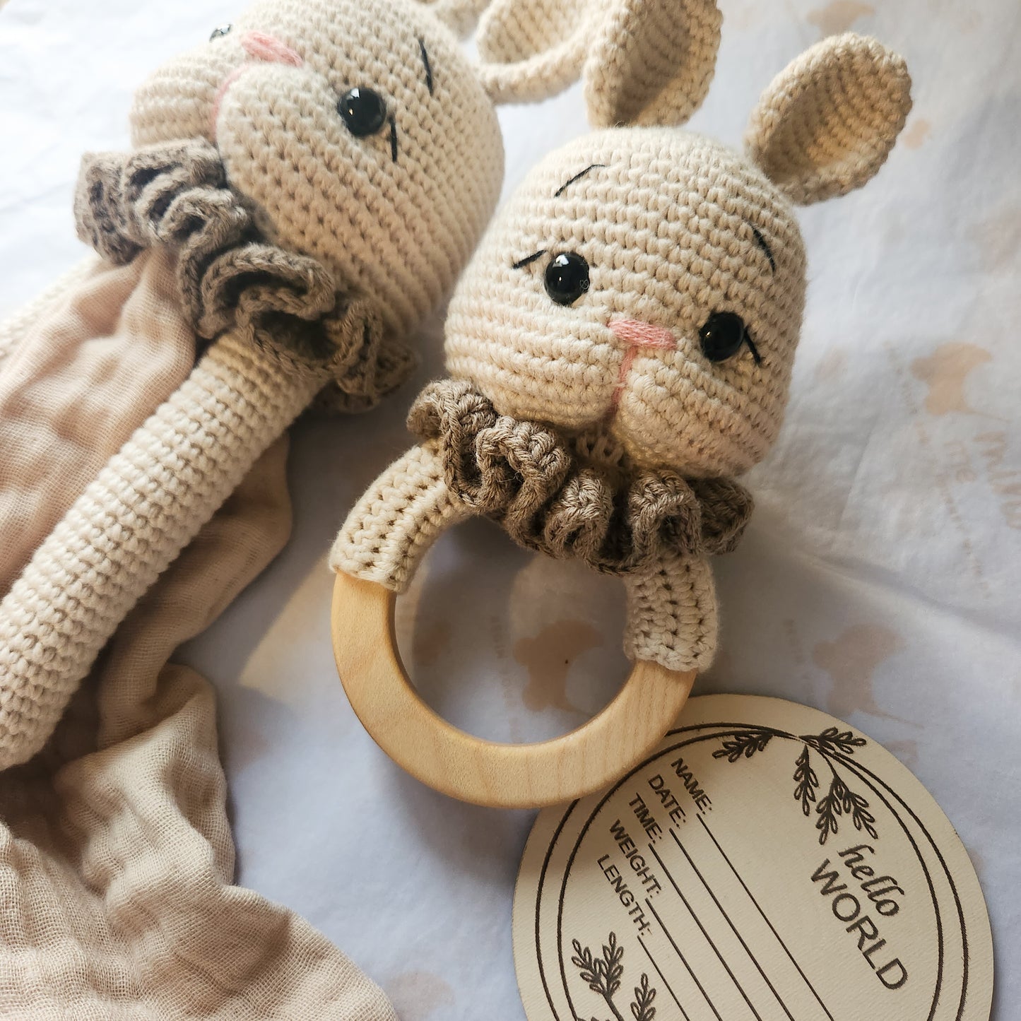 Crochet Bunny Muslin Sleeping Companion and Rattle - Mini Me