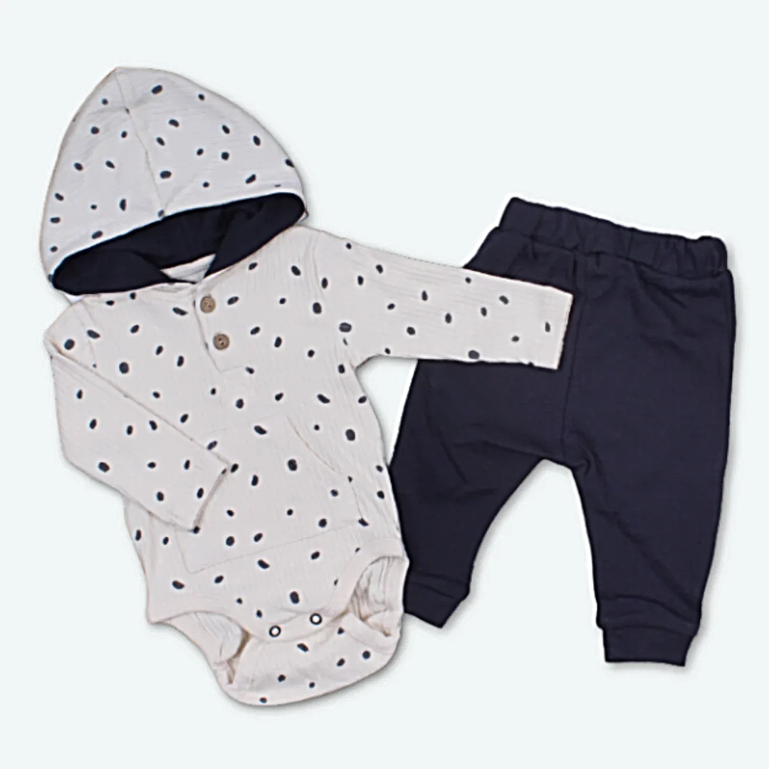Beige and Black Print Hooded Ribbed Body and Pant Set - MiniMe.mu