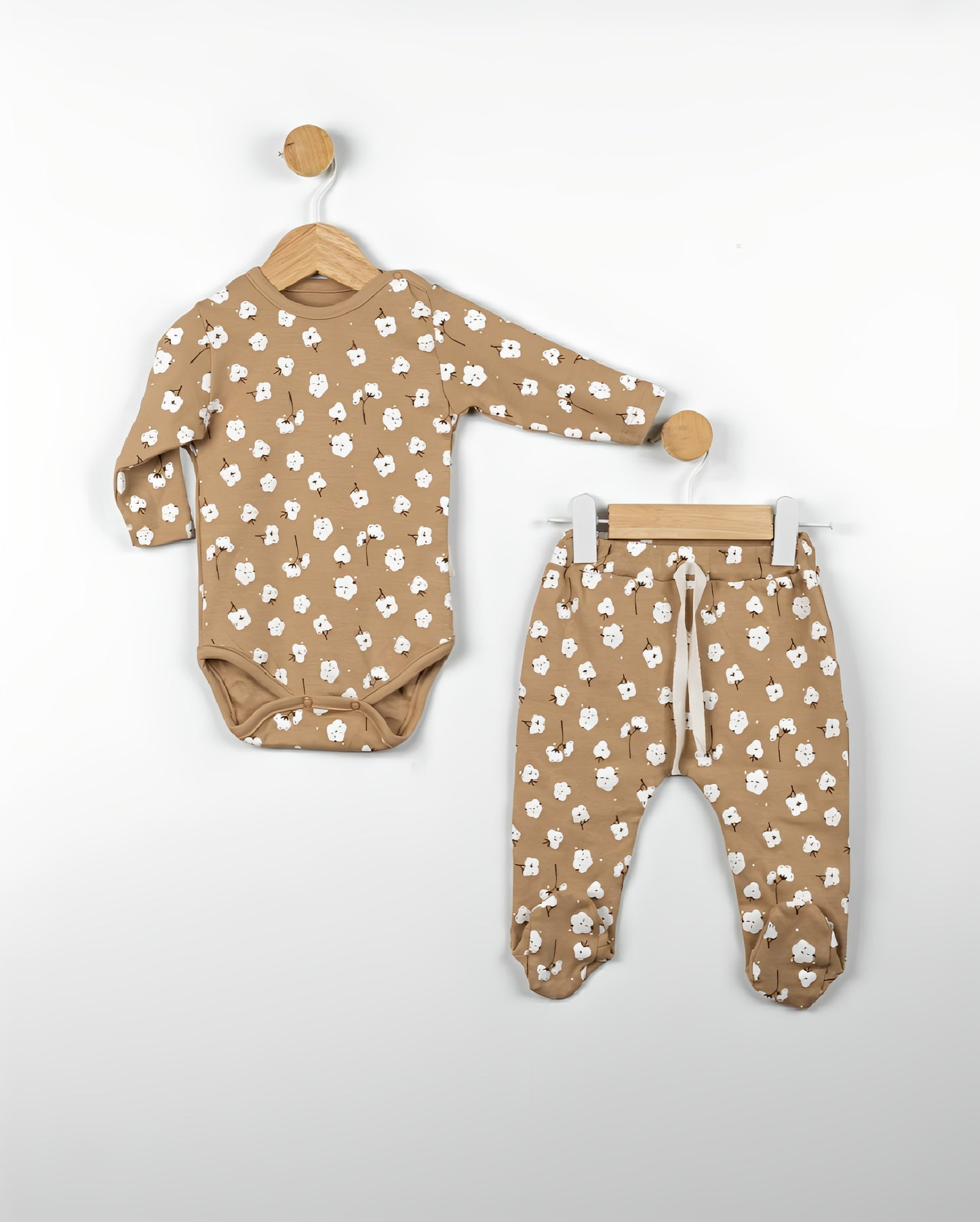 Organic Cotton Caramel Cotton Flower Print Bodysuit and Footed Pant - Mini Me