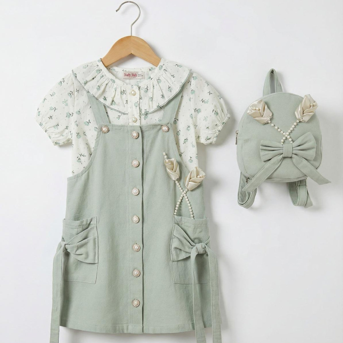 Girls Pinafore Dress with Bow Pockets & Floral Blouse — Outfit + Mini Backpack - Mini Me