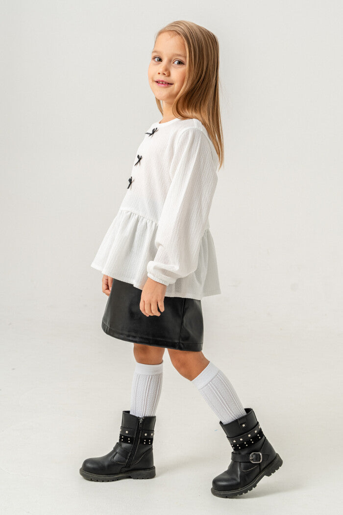 Tiny Bows Peplum Blouse and Leather Skirt