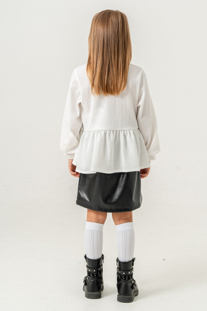 Tiny Bows Peplum Blouse and Leather Skirt