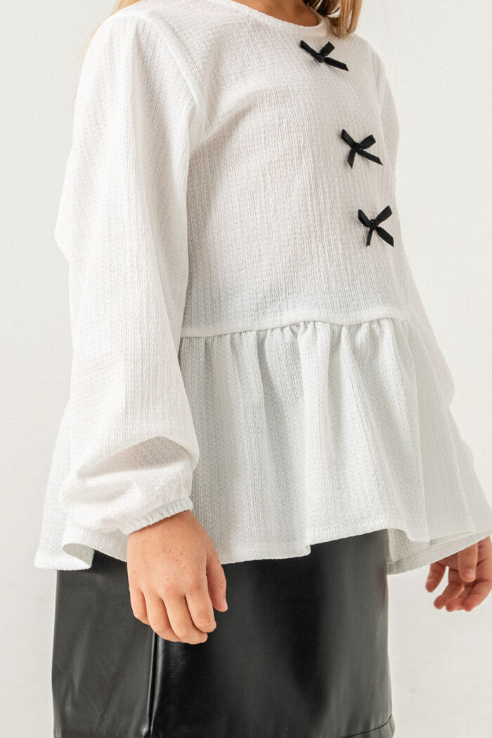 Tiny Bows Peplum Blouse and Leather Skirt