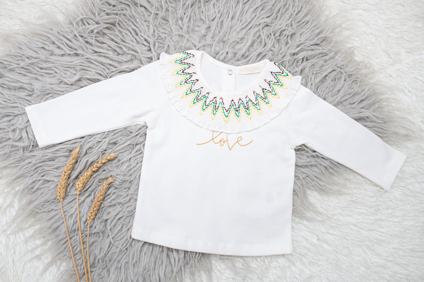 Ecru Cotton Long Sleeve Shirt with Peter Pan Collar