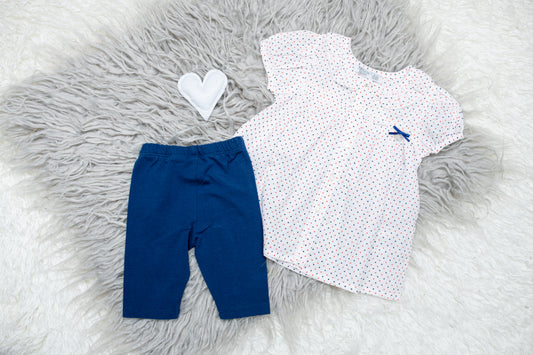 White Navy Polka Dot Blouse & Leggings - Mini Me