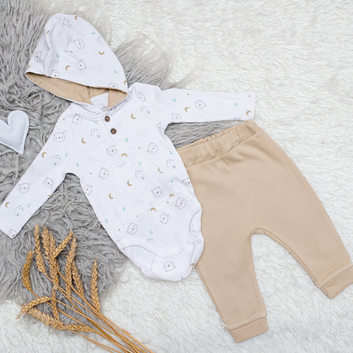 Bear Print Hooded Ribbed Body and Pant Set - Mini Me