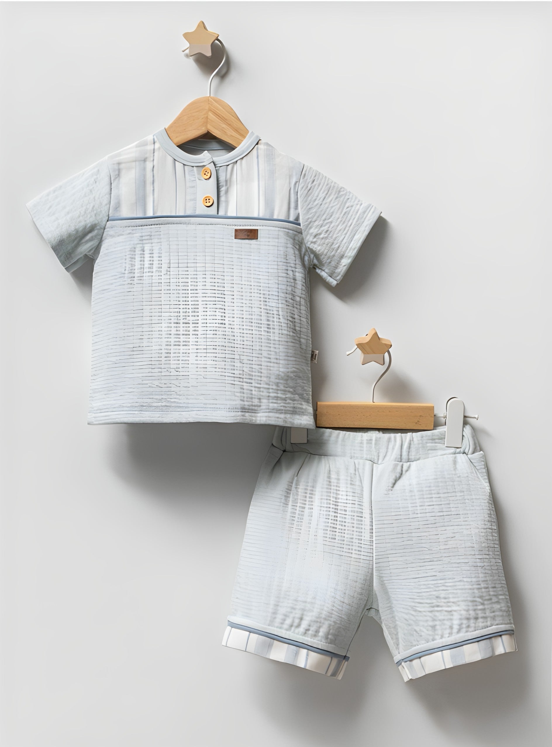 Spanish Stripe Trim Blue Jacquard Short Set - Mini Me