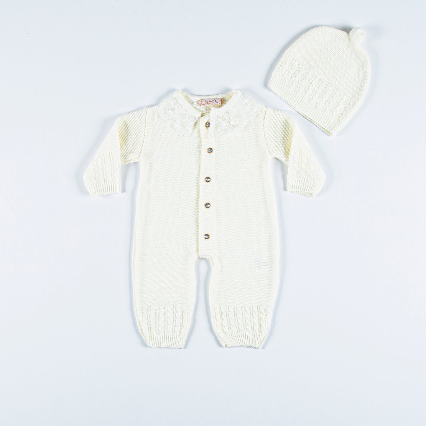 Ecru Knitwear 2 Pieces Set (Jumpsuit – Hat) - MiniMe.mu