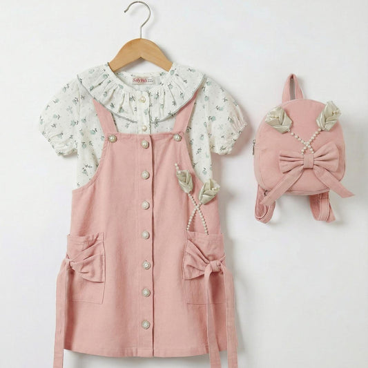 Girls Pinafore Dress with Bow Pockets & Floral Blouse — Outfit + Mini Backpack - Mini Me