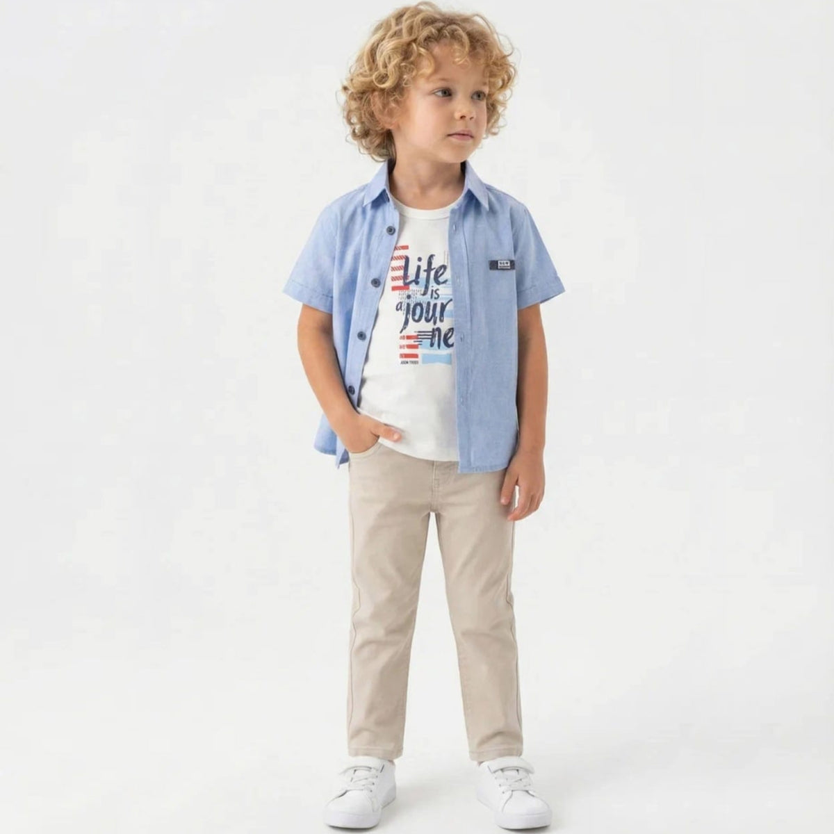 Boys Light Blue Shirt, Graphic Tee & Khaki Chino Outfit — 3-Piece Set - Mini Me