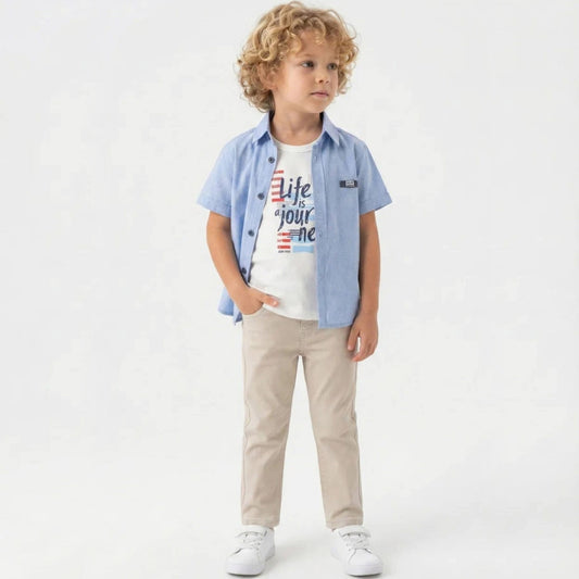 Boys Light Blue Shirt, Graphic Tee & Khaki Chino Outfit — 3-Piece Set - Mini Me