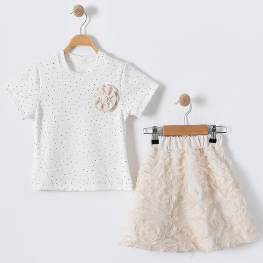 Floral Textured Rosette Top and Skirt Set - Mini Me