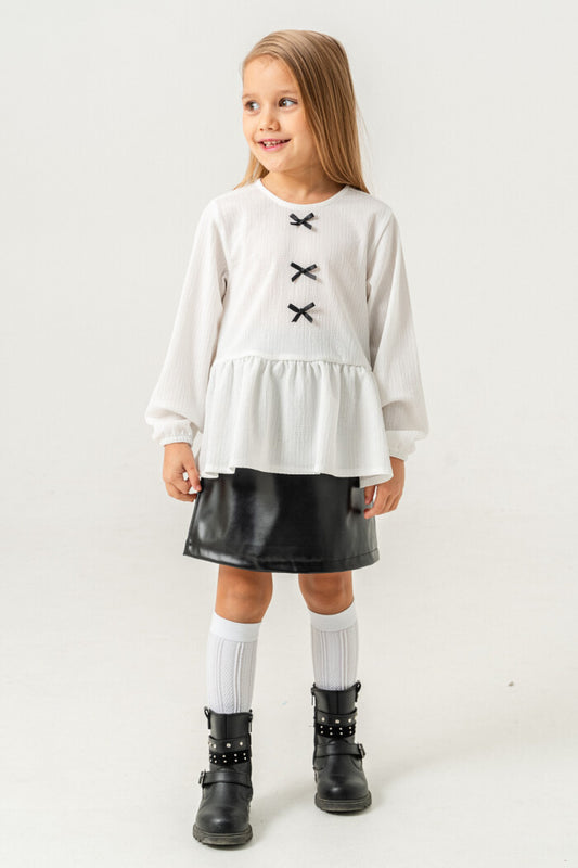 Tiny Bows Peplum Blouse and Leather Skirt