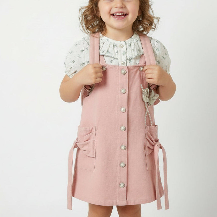 Girls Pinafore Dress with Bow Pockets & Floral Blouse — Outfit + Mini Backpack - Mini Me