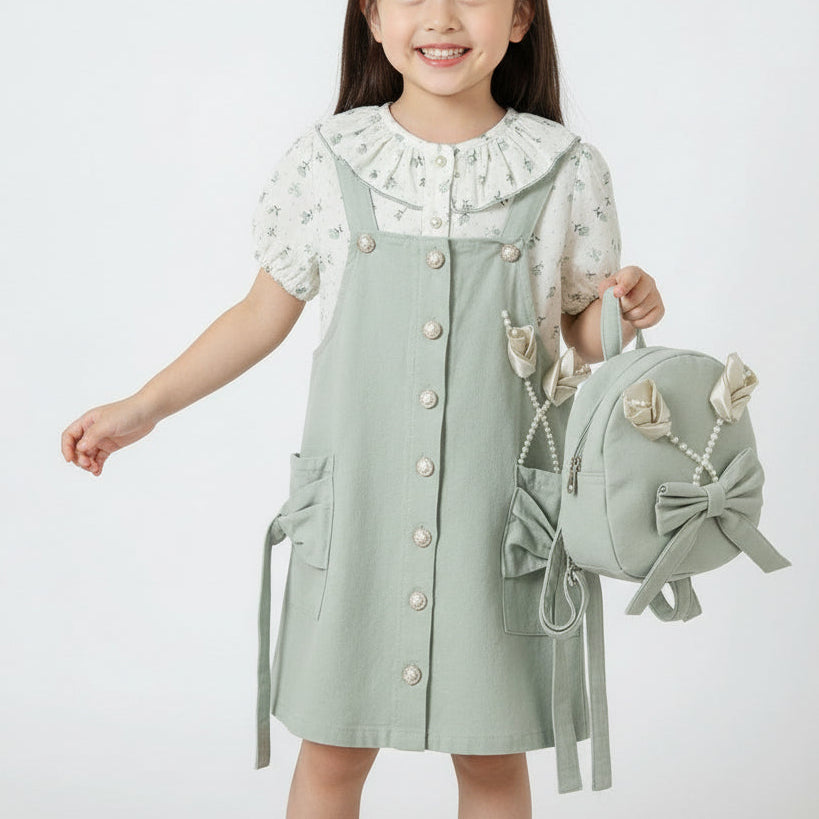 Girls Pinafore Dress with Bow Pockets & Floral Blouse — Outfit + Mini Backpack - Mini Me