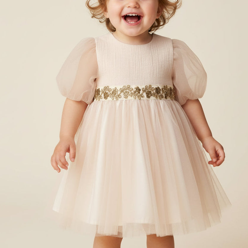 Alice Puff Sleeve Champagne Tulle Dress - Mini Me