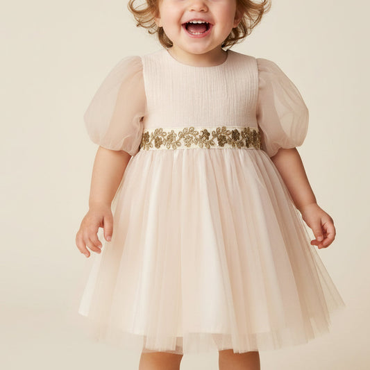 Alice Puff Sleeve Champagne Tulle Dress - Mini Me