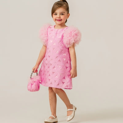 Valentina Girls Pink Textured Party Dress with Fluffy Sleeves - Mini Me