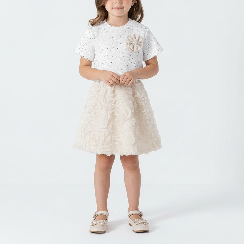 Floral Textured Rosette Top and Skirt Set - Mini Me